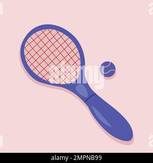Tennis doodle racquet blue color on pink background isolated illustration. Stock Vector