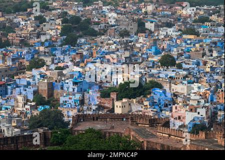 Top view of Jodhpur city from Mehrangarh fort, Rajasthan, India.Blue city, since Hindu Brahmins worshipping Lord Shiva paint their own houses blue. Stock Photo