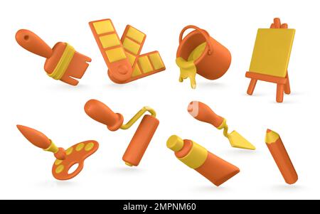 3d realistic tools for paint. Easel, paint tube, brush, roller brash, palette knife, color palette, pencil and tin of paint in cartoon style. Vector i Stock Vector