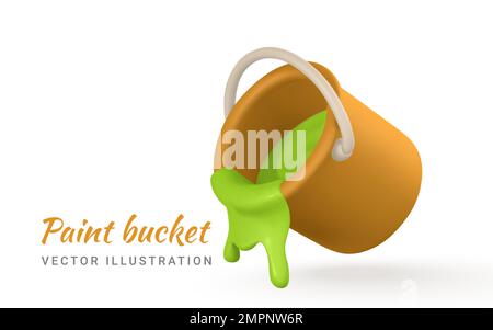 3d realistic yellow bucket of green paint in cartoon style. Vector illustration. Stock Vector