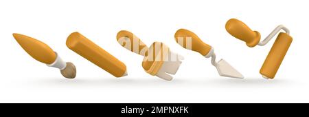 3d realistic tools for paint. Paint brush, roller brush and palette knife in cartoon style. Vector illustration. Stock Vector
