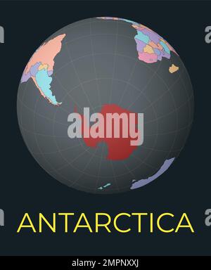 World map centered on Antarctica. Red continent highlighted. Satellite world view centered on the continent with name. Vector Illustration. Stock Vector