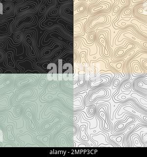 Topography patterns. Seamless elevation map tiles. Artistic isoline background. Cool tileable patterns. Vector illustration. Stock Vector