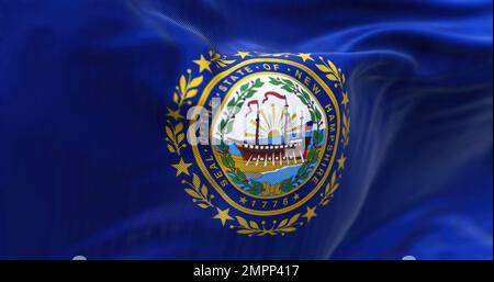 Detail of New Hampshire state flag waving. New Hampshire is a state in the New England region of United States. US state flag. Rippled fabric. Texture Stock Photo
