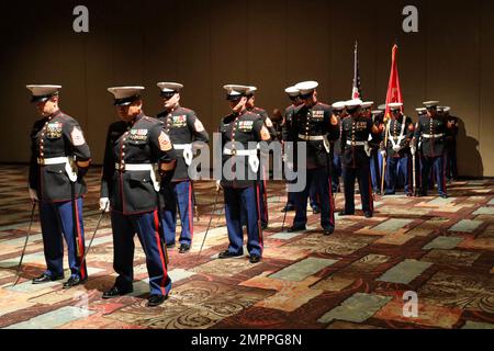 U.S. Marines with Recruiting Station Sacramento bow their heads for the invocation during the 247th Marine Corps Birthday Ball at Grand Sierra Resort and Casino in Reno, Nevada on Nov. 12, 2022. Marines across the globe recognize and acknowledge the sacrifices made to defend democracy, and the Marine Corps’ enduring legacy as America’s premier fighting force. Stock Photo