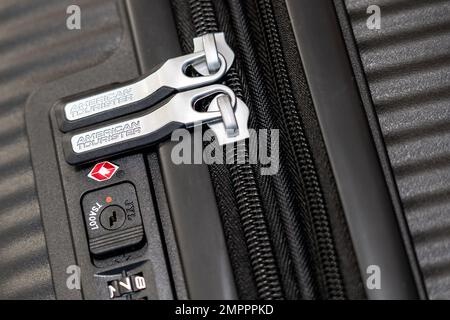 Novi Sad Serbia 29 January 2023 Closeup of American tourister suitcase with focus on the logo and combination lock password number Stock Photo Alamy