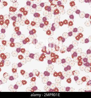 Seamless simple cute pattern from daisies on white background.Endless floral ornament with beautiful small rose, pink, vinous and violet blossoms Stock Photo