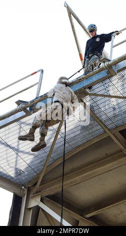 Recruits with India Company, 3rd Recruit Training Battalion, conduct the rappel tower, November 14, 2022. The rappel tower test recruits fears of heights and builds confidence in their gear. (US Marine Corps Photos by Lance Cpl. Keegan Jones). Stock Photo