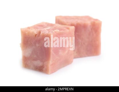 Cubes of tasty fresh ham isolated on white Stock Photo