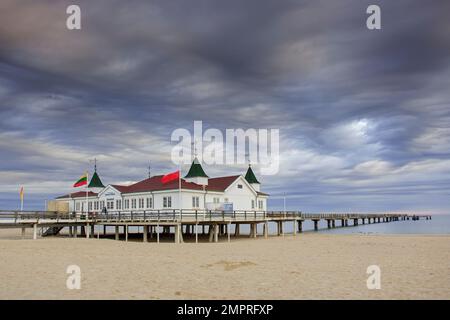 Restaurant on Ahlbeck Pier/ Seebrücke Ahlbeck in the Baltic Sea at Heringsdorf on Usedom island, Mecklenburg-Vorpommern, oldest pier in Germany Stock Photo