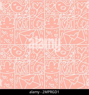 Valentines logo vector seamless pattern love, bird, heart, envelope line and abstract on pink background. Hand drawn monoline constructor for romantic Stock Vector
