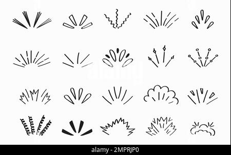 Sunburst doodle splash elements vector set. Glitter stars in hand drawn style. Sketch burst shapes, shining line starburst signs. Stock Vector