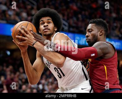 Brooklyn Nets' Jarrett Allen, left, celebrates a basket with teammate Joe  Harris during the first half of an NBA basketball game against the San  Antonio Spurs, Thursday, Dec. 19, 2019, in San