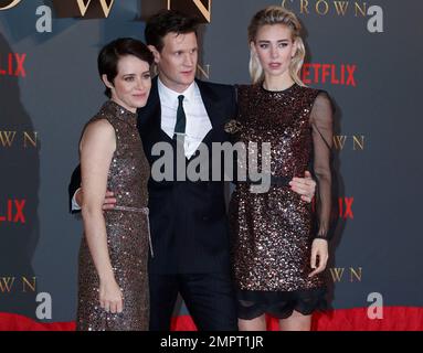 Claire Foy (left) and Matt Smith attending the season two premiere of The  Crown at the Odeon, Leicester Square, London Stock Photo - Alamy