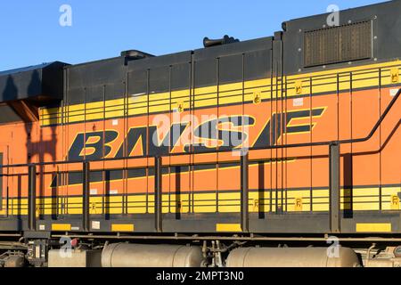 Stanwood, WA, USA - January 29, 2023; BNSF locomotive with corporate logo on side in company color scheme Stock Photo