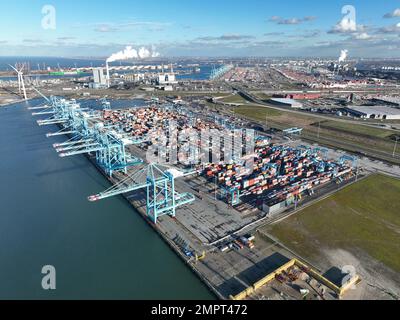 Rotterdam, 19th of January 2023, The Netherlands. In the sunny Port of Rotterdam, container ships offload cargo using cranes and other equipment. Stock Photo