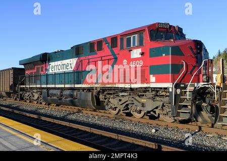 Stanwood, WA, USA - January 29, 2023; Ferromex locomotive working a train in the United States against a blue sky with no people Stock Photo