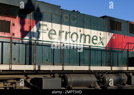 Stanwood, WA, USA - January 29, 2023; Detail of name of Ferromex locomotive in daytime Stock Photo