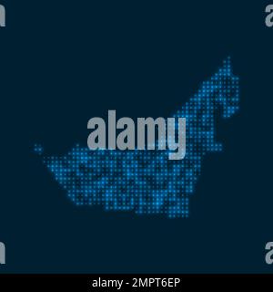 UAE dotted glowing map. Shape of the country with blue bright bulbs. Vector illustration. Stock Vector