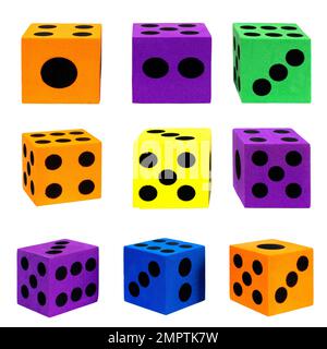 A collection of colorful foam dice isolated on the empty white background Stock Photo