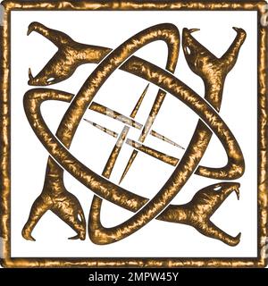 Four intertwined snakes enclosed in a square - gold on white Stock Vector