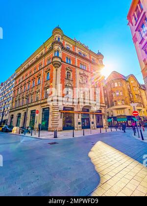 BUDAPEST, HUNGARY - MARCH 2, 2022: The historica facade of Central Grand Cafe and Bar building in Pest district, on March 2 in Budapest Stock Photo