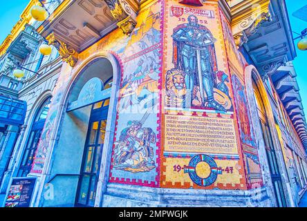 BUDAPEST, HUNGARY - MARCH 2, 2022: Scenic colorful mosaic on the wall of historic buildigng on Szent Istvan ktr street, on March 2 in Budapest Stock Photo