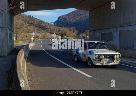 SAILLANS, FRANCE, January 30, 2023 : Historic Monte-Carlo Rally runs on the roads of South of France. This 25rd edition hosts 280 teams with a lot of Stock Photo