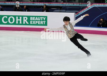 Kao Miura (JPN) performs during the Senior Men - Free Skating of the ISU Grand Prix of Figure Skating Final Turin at Palavela. Stock Photo