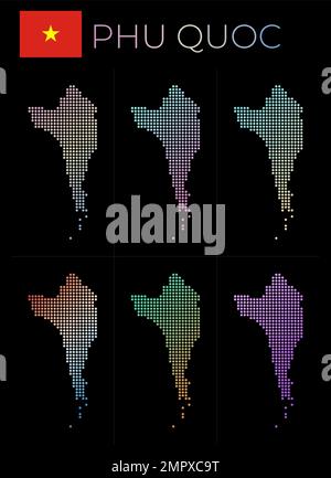 Phu Quoc dotted map set. Map of Phu Quoc in dotted style. Borders of the island filled with beautiful smooth gradient circles. Cool vector illustratio Stock Vector