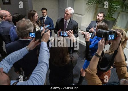 Washington, United States. 31st Jan, 2023. House Speaker Kevin McCarthy speaks to members of the media at the U.S. Capitol in Washington, DC on Tuesday, January 31, 2023. Photo by Ken Cedeno/UPI Credit: UPI/Alamy Live News Stock Photo