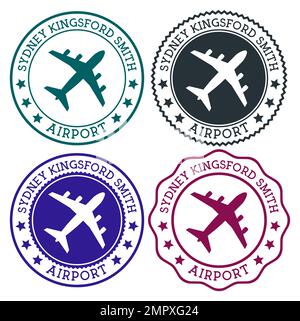 Sydney Kingsford Smith Airport. Sydney airport logo. Flat stamps in material color palette. Vector illustration. Stock Vector