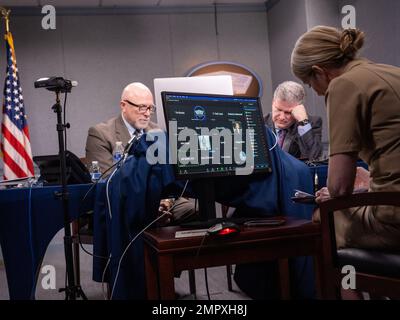 Chief of the Department of Defense Zero Trust Portfolio Management Office Randy Resnick, and DoD Acting Principal Deputy Chief Information Officer for Cybersecurity and DoD Senior Information Security Officer, David McKeown, hold an off-camera, on-the-record virtual press briefing on the release of the DoD Zero Trust Strategy and Roadmap at the Pentagon, Washington, D.C., Nov. 22, 2022. (DoD photo by U.S. Air Force Tech. Sgt. Jack Sanders) DOD,Pentagon,Zero Trust, Stock Photo