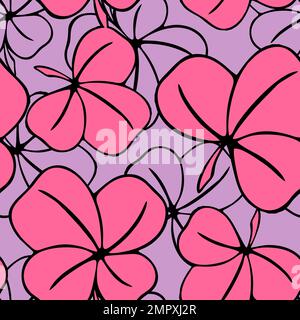 seamless asymmetrical pattern of clover leaves in purple tones and black contouros, design, texture Stock Photo