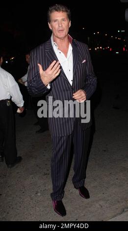 Clad in maroon suede shoes and a pinstriped suit David Hasselhoff arrives at Boulevard 3 to celebrate the 200th episode of ABC's 'Dancing with the Stars' following a taping of the show where past contestants appeared alongside current dancers. Los Angeles, CA. 11/01/10. Stock Photo