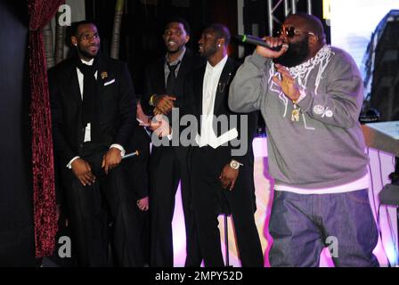 LeBron James; Udonis Haslem, Dwyane Wade and Rick Ross attend Dwyane Wade's 30th Birthday Celebration at the Setai Hotel in Miami Beach, FL. 15th January 2012. Stock Photo