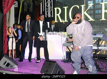 Udonis Haslem, Dwyane Wade and Rick Ross attend Dwyane Wade's 30th Birthday Celebration at the Setai Hotel in Miami Beach, FL. 15th January 2012. Stock Photo