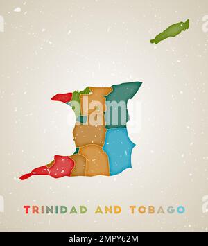 Trinidad and Tobago map. Country poster with colored regions. Old grunge texture. Vector illustration of Trinidad and Tobago with country name. Stock Vector