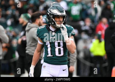 Philadelphia Eagles wide receiver Britain Covey (18) looks on during the  NFL football game against the Jacksonville Jaguars, Sunday, Oct. 2, 2022,  in Philadelphia. (AP Photo/Chris Szagola Stock Photo - Alamy