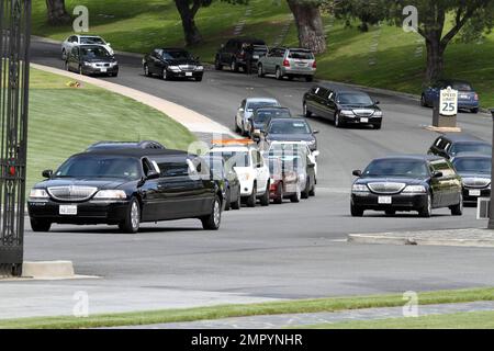 Mourners leave Forest Lawn Memorial Cemetery in limousines after funeral services were held for legendary actress Elizabeth Taylor. Taylor was buried in the cemetary next to hear parents and near friend Michael Jackson and other celebrities. The actress died yesterday of Congestive Heart Failure after being hospitalized for weeks. Los Angeles, CA. 3/24/11. Stock Photo