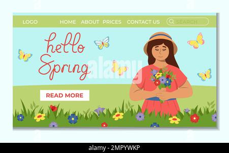 Concept Of Hello Spring Landing With Girl And Flowers For Online Shop Flat Style Vector Illustration Stock Vector