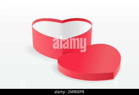 Opened red heart shaped gift box with lid isolated on white background. Isolated realistic gift present view front. Isometric vector illustration Stock Vector