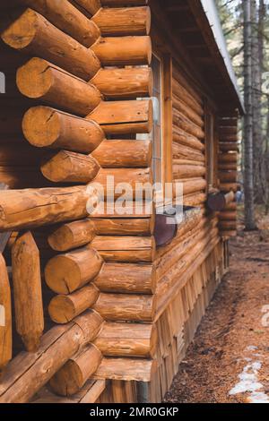 Exterior Side of Log Cabin in Woods in Pacific Northwest Stock Photo