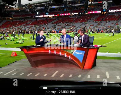 NBC Sports' Thursday Night Football hosts' from left; Liam McHugh, Tony  Dungy, center and Rodney Harrison speak during their broadcast prior to an  NFL football game between the Seattle Seahawks and the