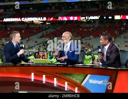 NBC Sports' Thursday Night Football hosts' from left; Liam McHugh, Tony  Dungy, center and Rodney Harrison speak during their broadcast prior to an  NFL football game between the Seattle Seahawks and the