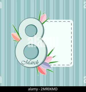 Turquoise World Women s Day card template with a vertical stripe with a space for notes and the number eight. Multicolored tulips in paper style. Vect Stock Vector
