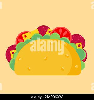 Delicious vector tacos with cheese and vegetables and sausage on yellow background. Vector. Isolate. Icon. Stock Vector