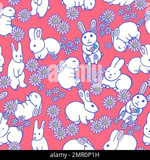 White rabbits - seamless pattern with 2023 year symbol. Zodiac New Year. Doodle cartoonish animals. Fabric and textile design Stock Vector