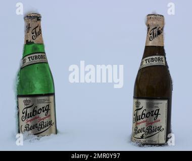 Two old Tuborg beer bottles from Denmark chilled in the snow. Stock Photo