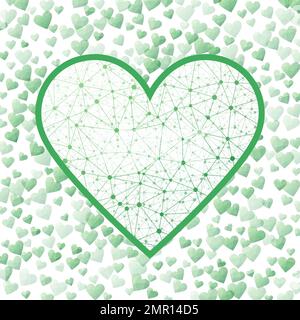 Deep mesh heart. Geometric heart mesh in green color shades, green connections. Appealing network style vector illustration. Stock Vector